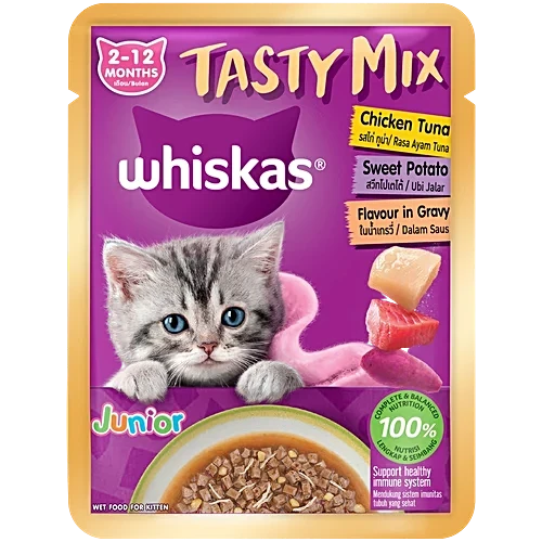 Whiskas Tasty Mix Kitten Chicken Tuna Sweet Potato Flavour in Gravy Wet Cat Food
